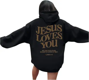 Christian Hoodies for Women Bible Verse Jesus Loves You Graphic Oversized Y2K Hooded Pockets Drawstring Sweatshirts
