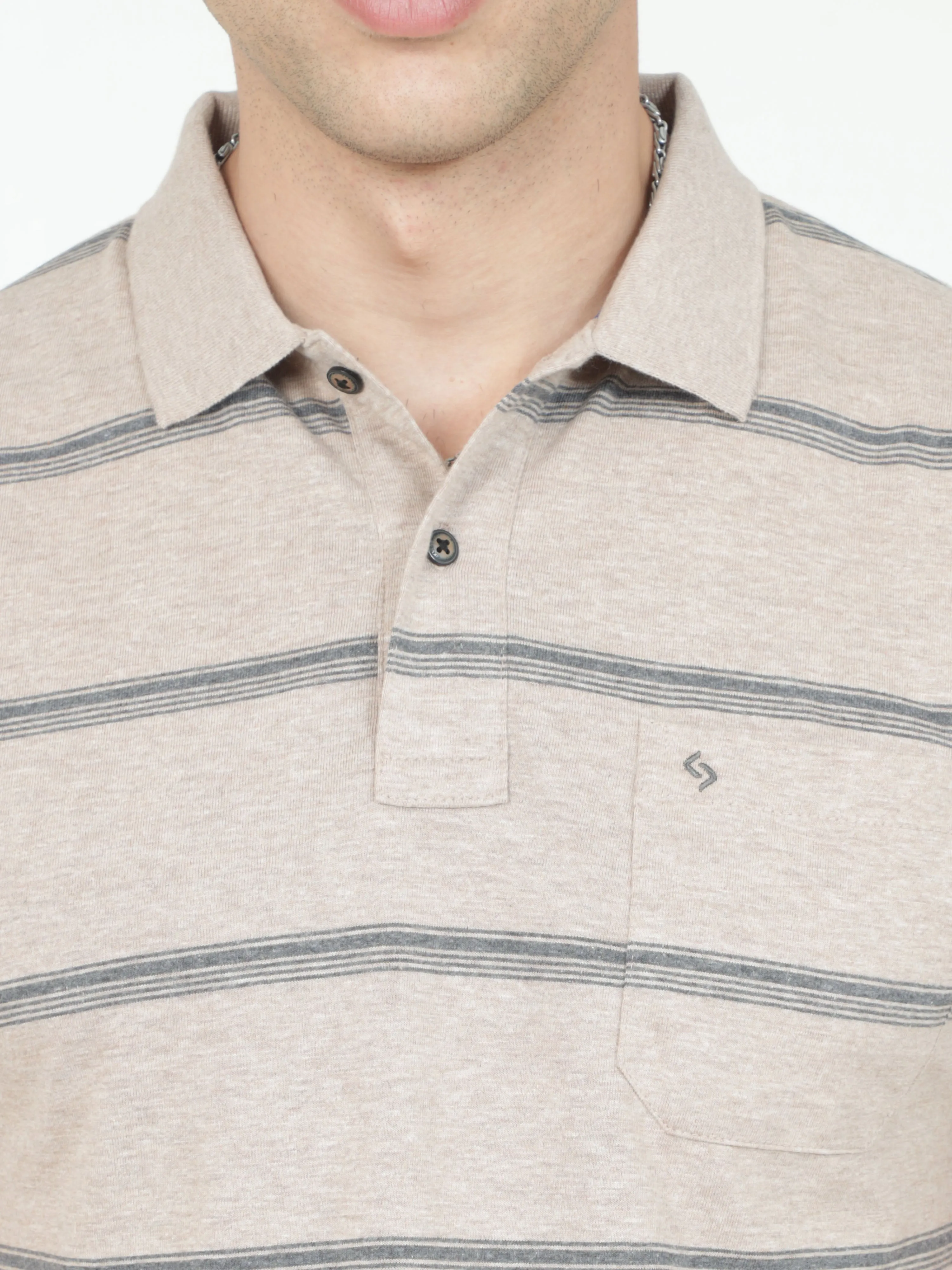 Classic Polo Mens Casual Beige Melange Striped Cotton T-Shirt | F-AVON - 115 A AF P