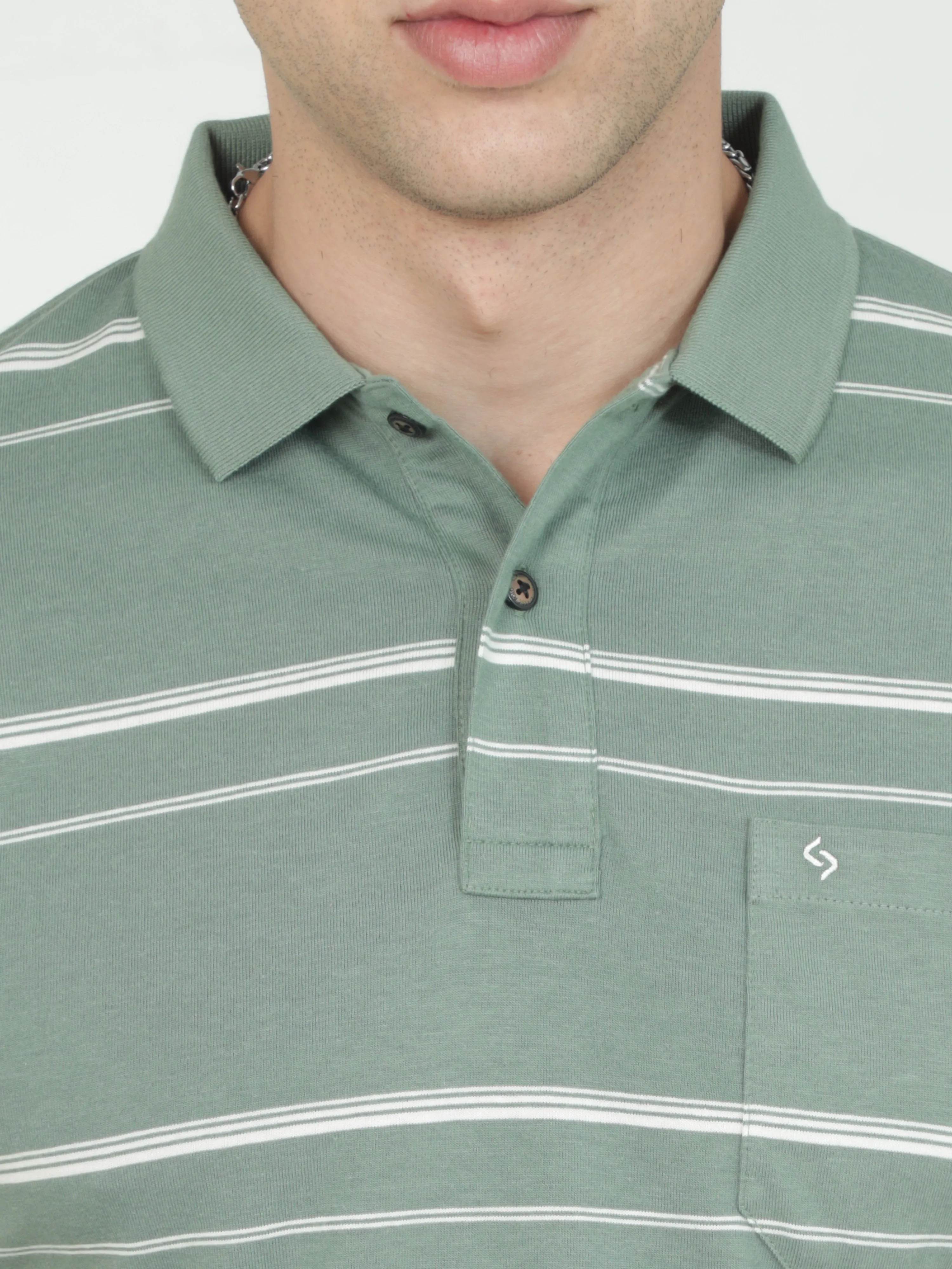 Classic Polo Mens Casual Green Striped Cotton T-Shirt | F-AVON - 116 B AF P