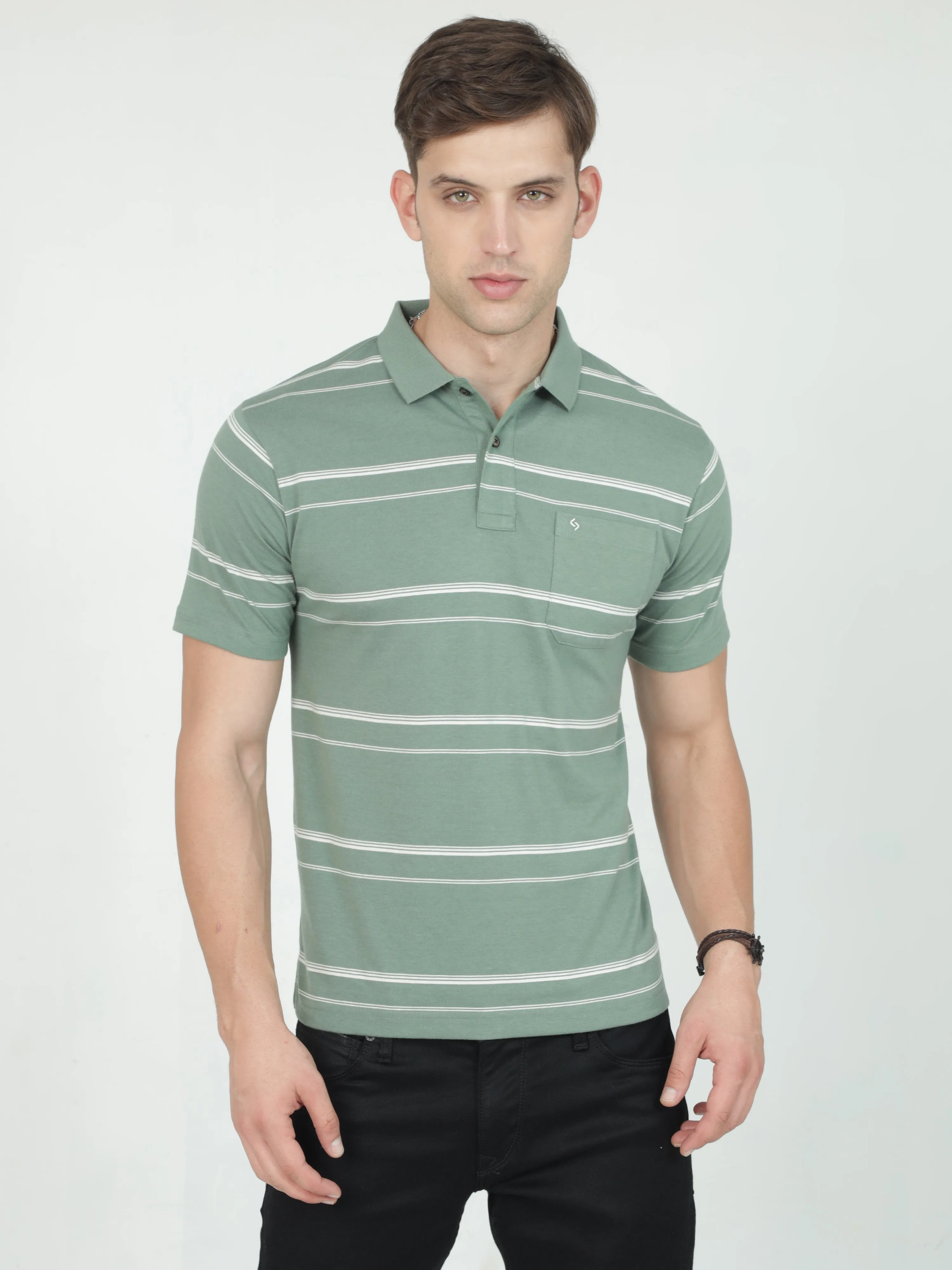 Classic Polo Mens Casual Green Striped Cotton T-Shirt | F-AVON - 116 B AF P