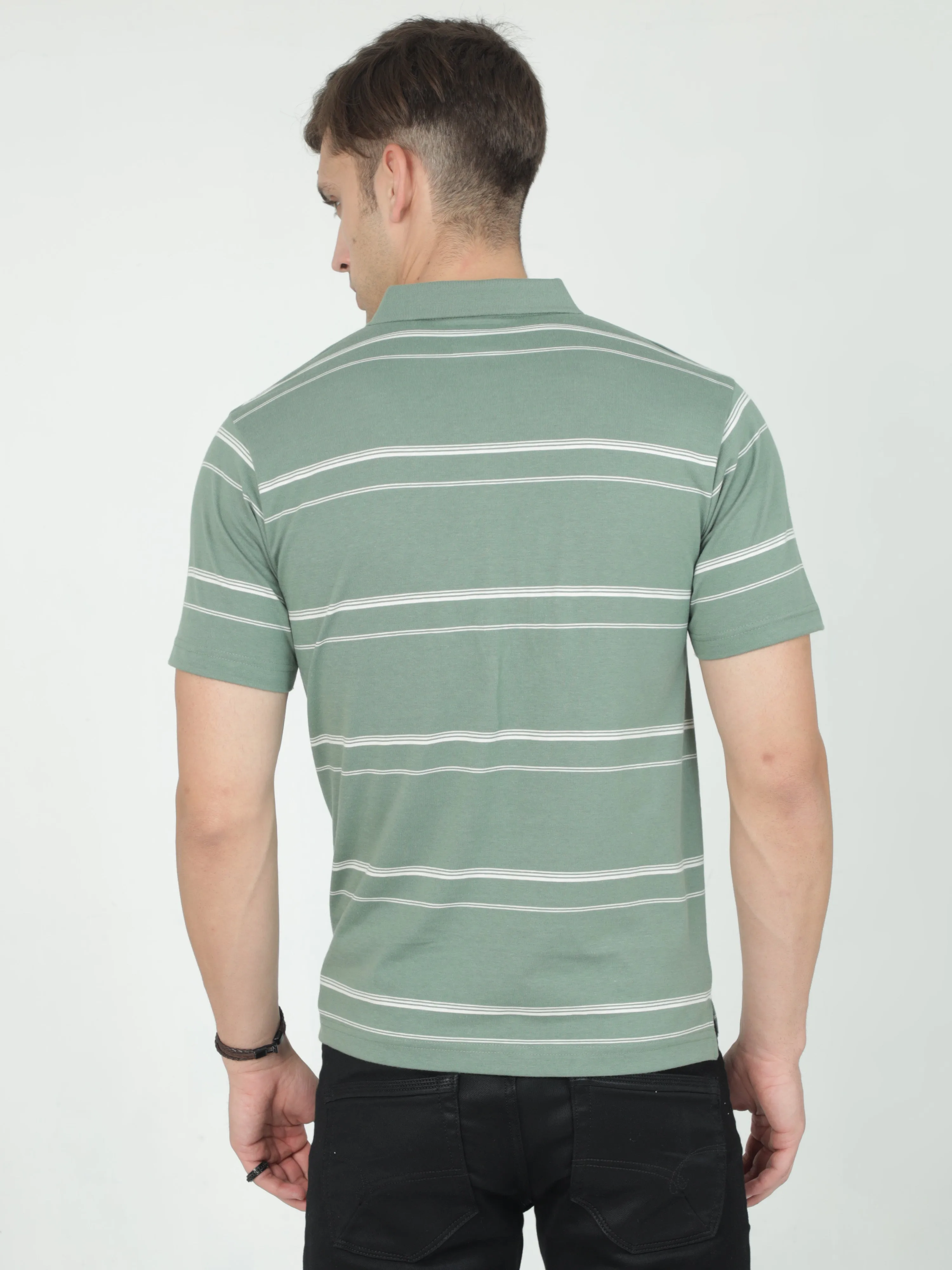 Classic Polo Mens Casual Green Striped Cotton T-Shirt | F-AVON - 116 B AF P