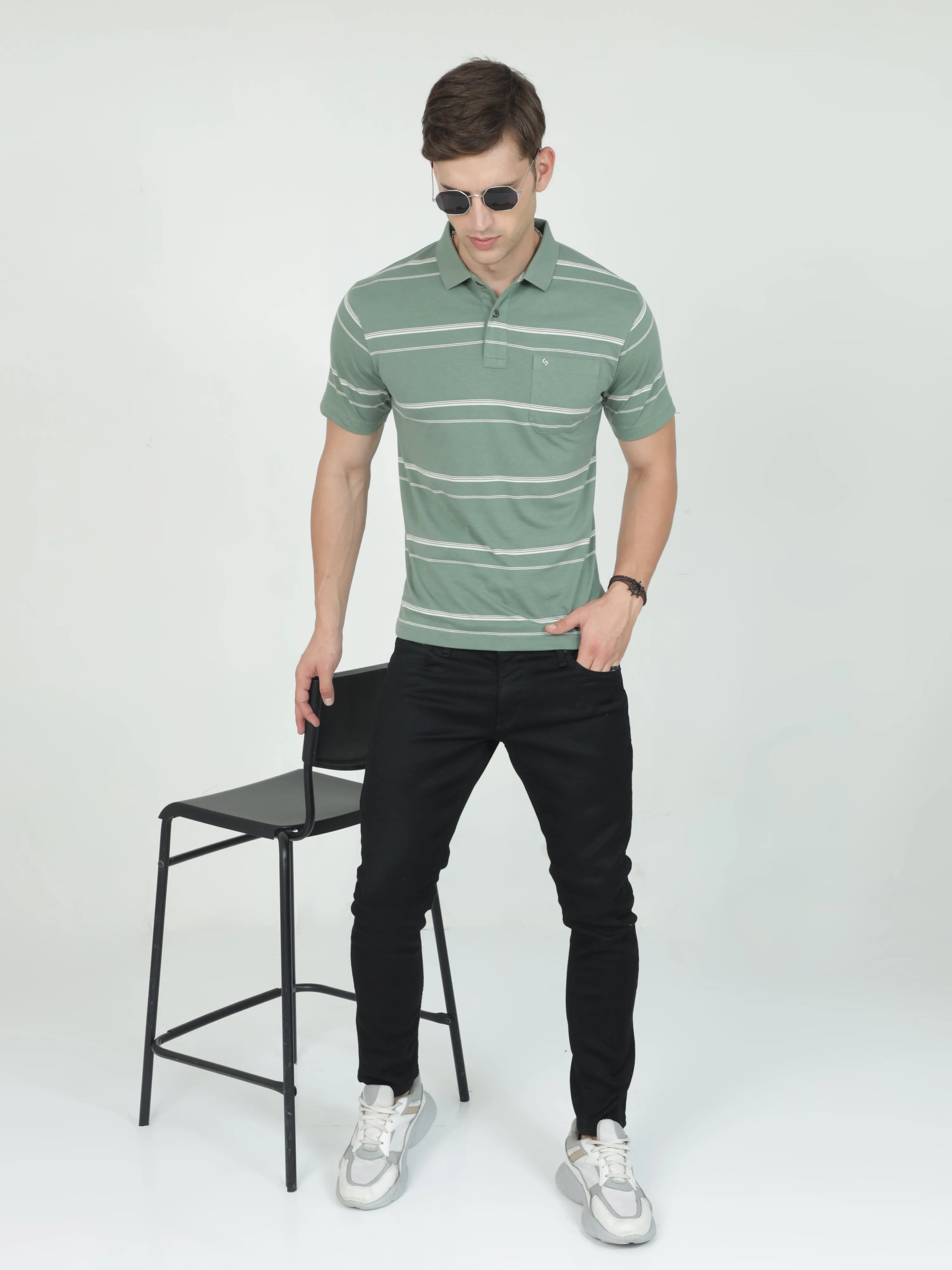 Classic Polo Mens Casual Green Striped Cotton T-Shirt | F-AVON - 116 B AF P