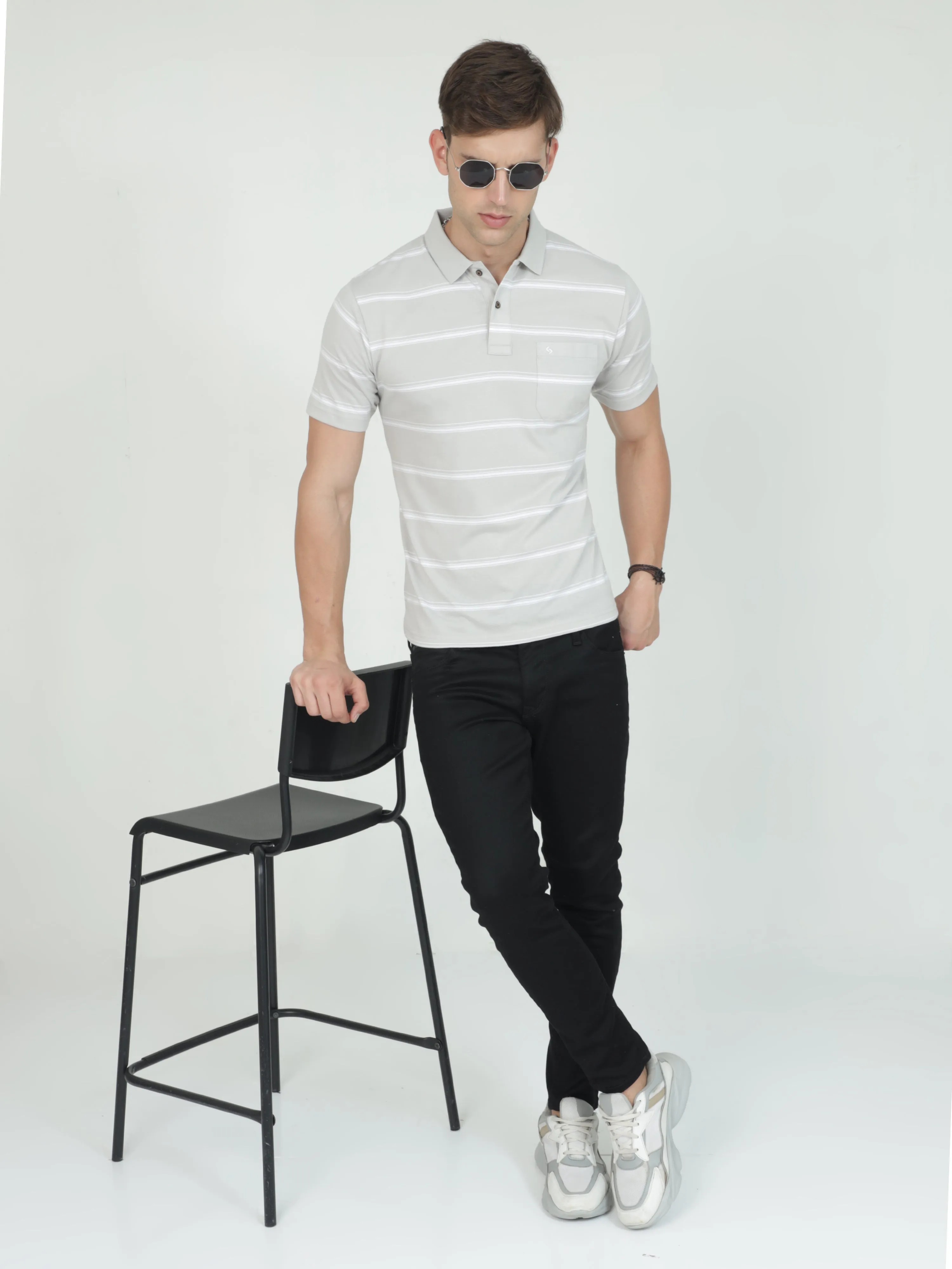 Classic Polo Mens Casual Grey Striped Cotton T-Shirt | F-AVON - 113 A AF P