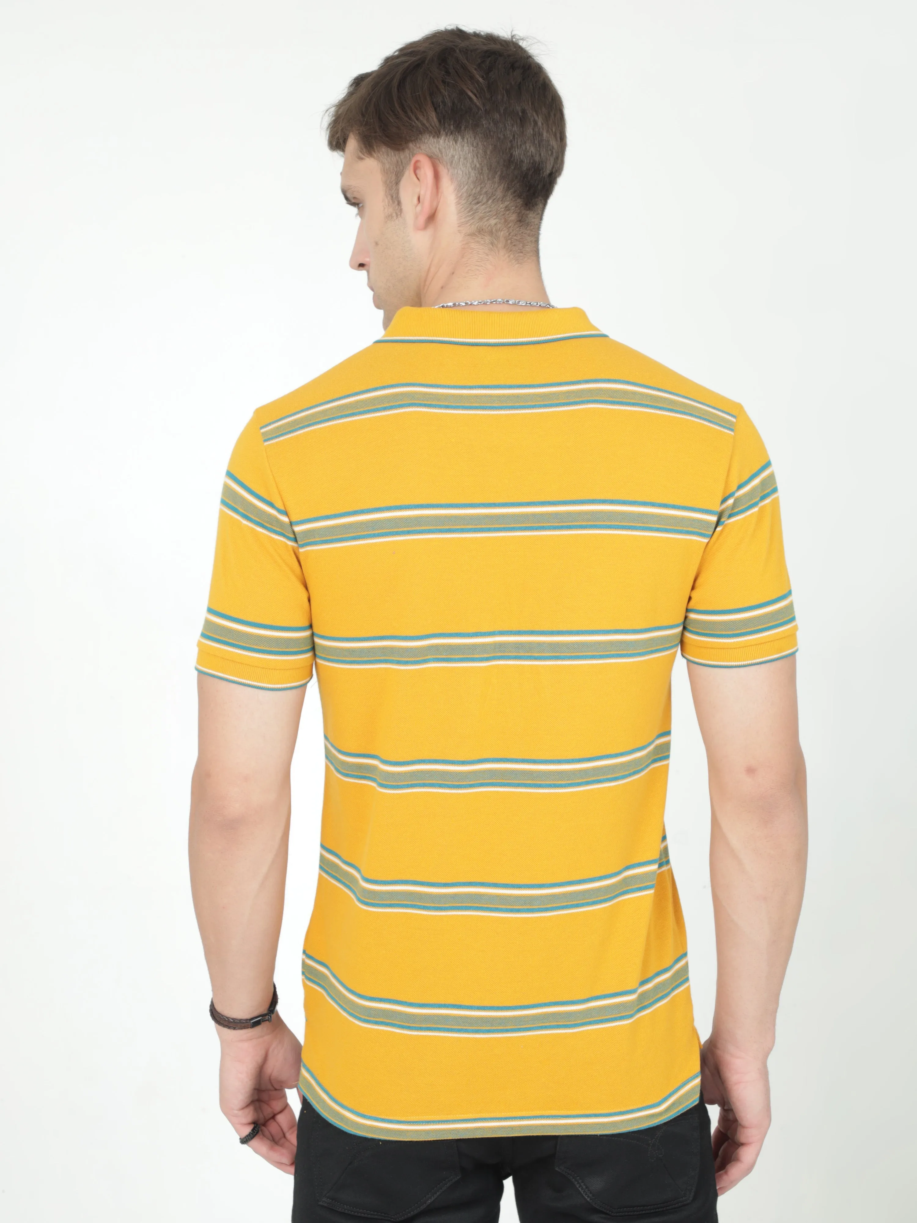 Classic Polo Mens Casual Mustard Striped Cotton T-Shirt | F-ADORE - 103 A SF P