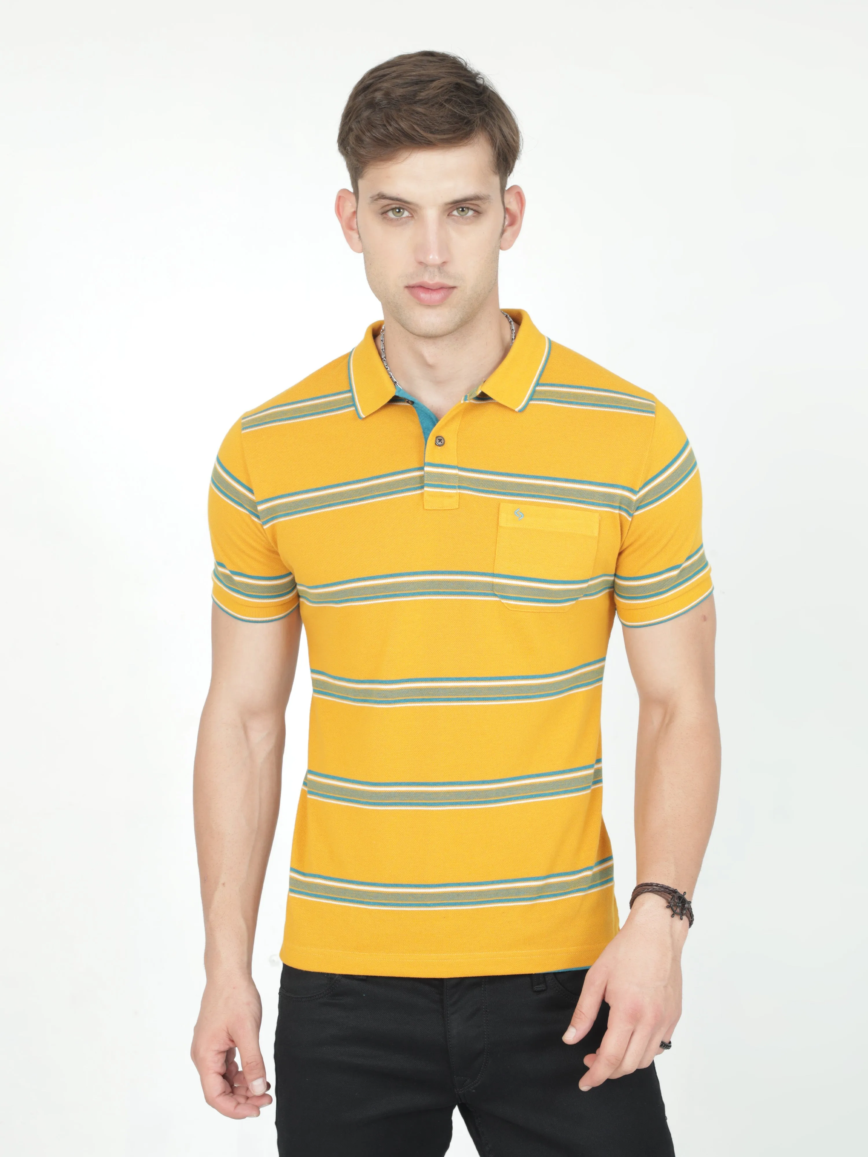 Classic Polo Mens Casual Mustard Striped Cotton T-Shirt | F-ADORE - 103 A SF P