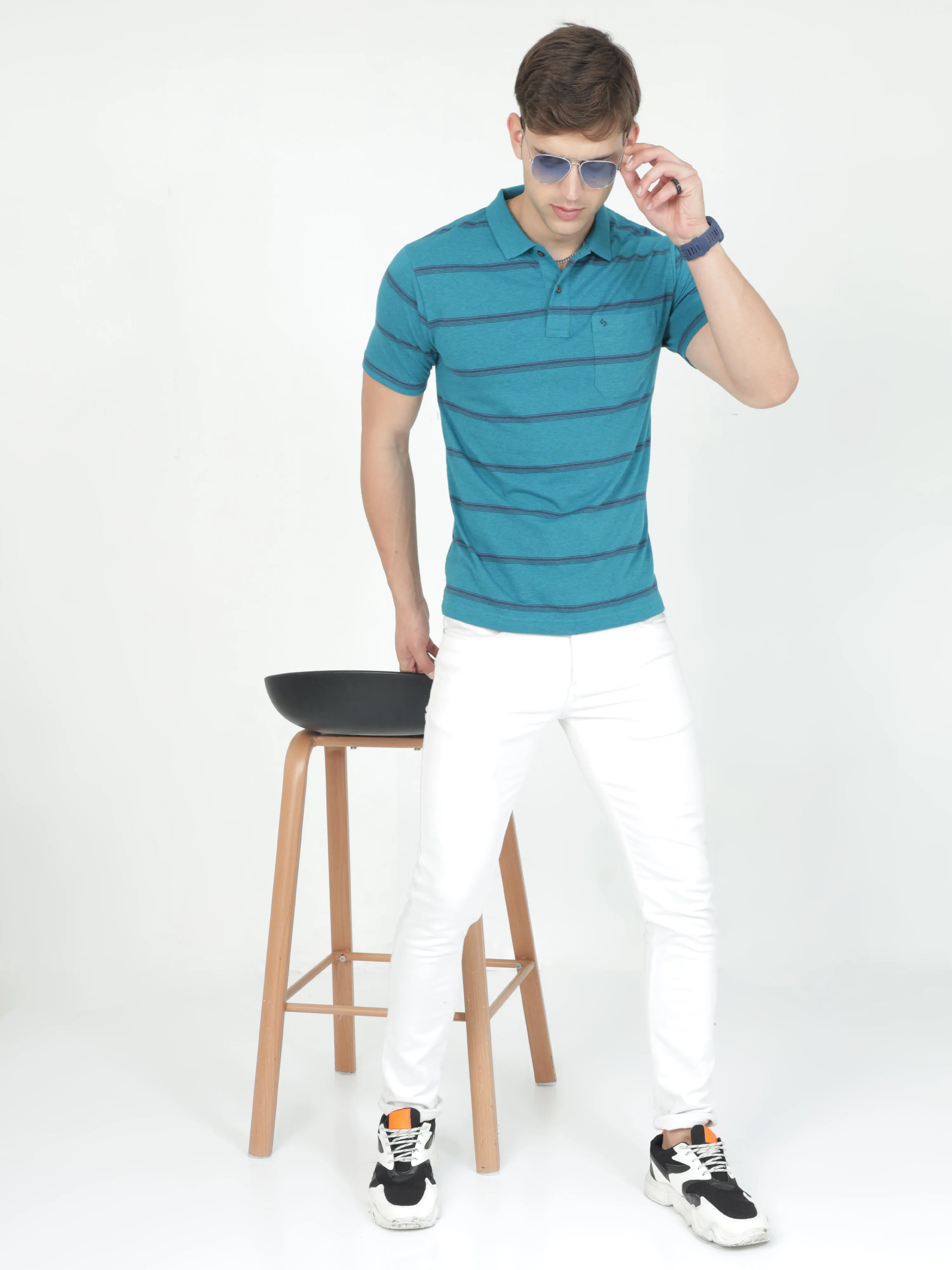 Classic Polo Mens Casual Teal Melange Striped Cotton T-Shirt | F-AVON - 115 B AF P