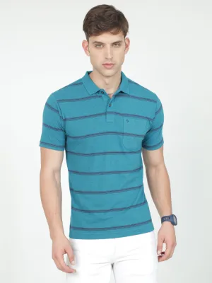 Classic Polo Mens Casual Teal Melange Striped Cotton T-Shirt | F-AVON - 115 B AF P