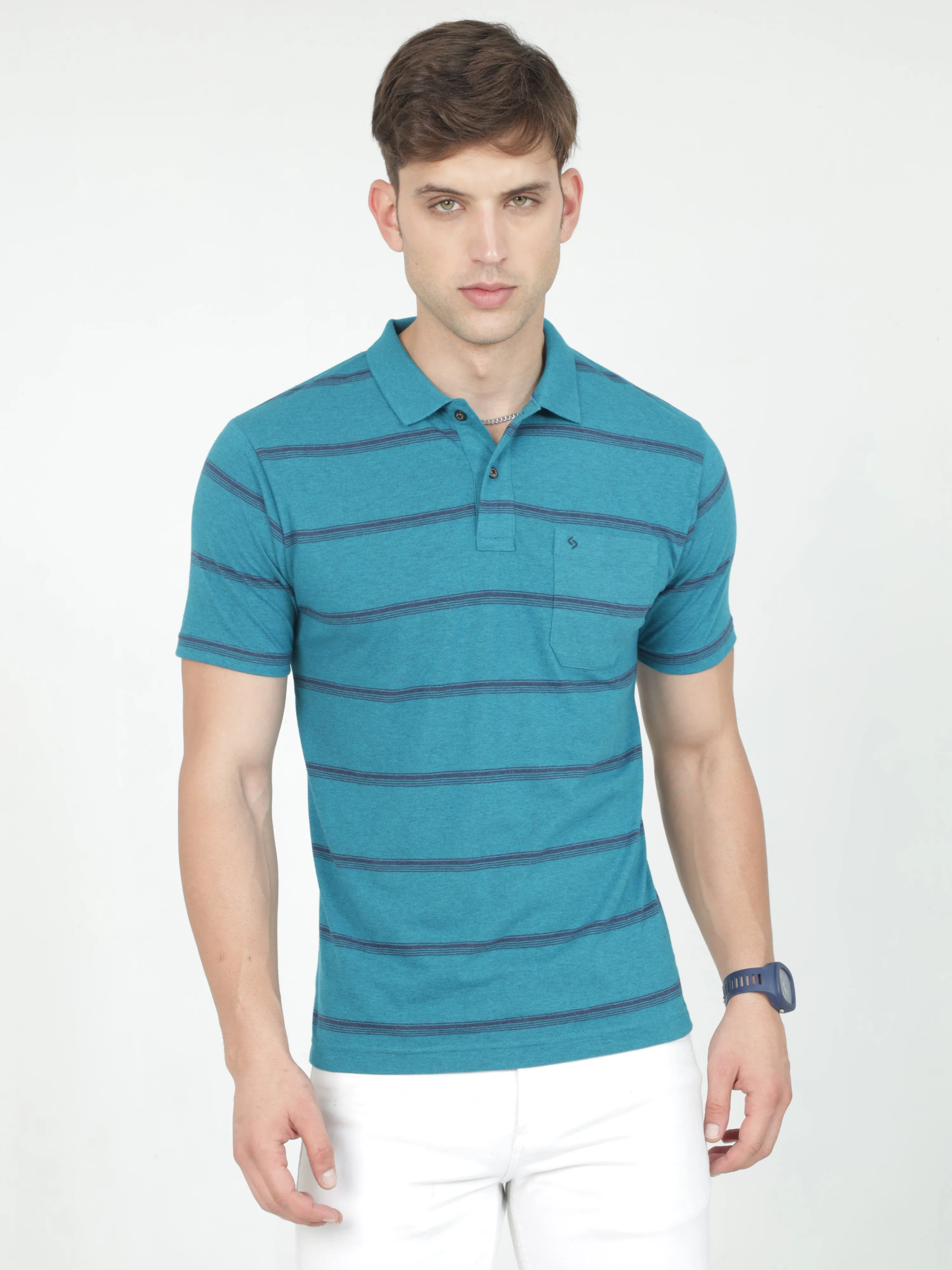 Classic Polo Mens Casual Teal Melange Striped Cotton T-Shirt | F-AVON - 115 B AF P