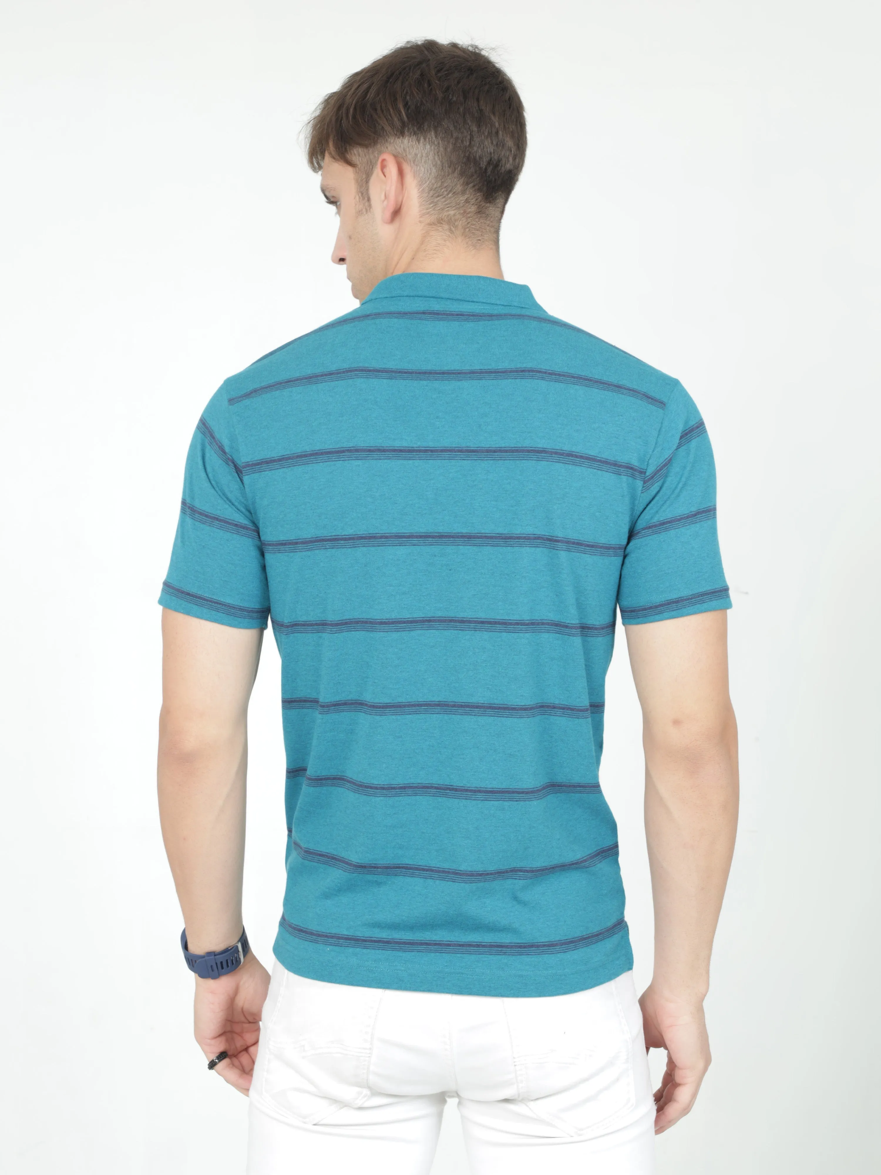 Classic Polo Mens Casual Teal Melange Striped Cotton T-Shirt | F-AVON - 115 B AF P