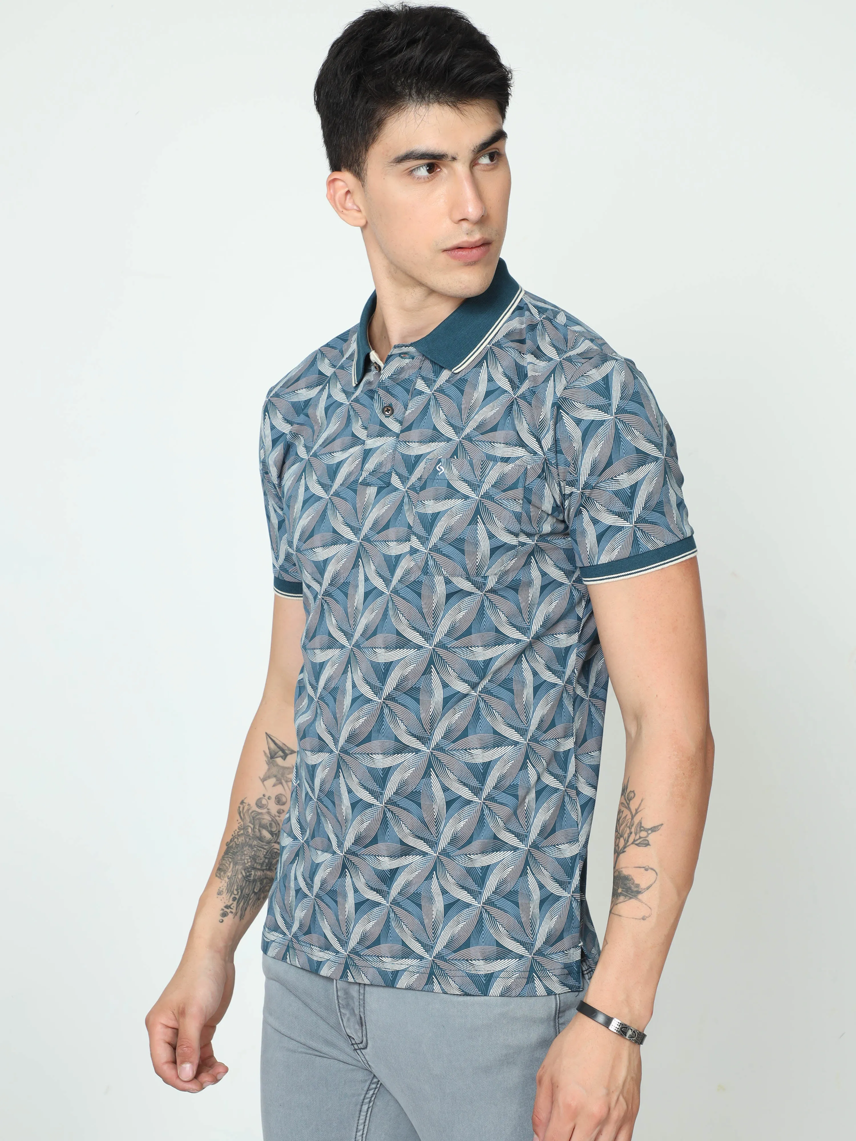 Classic Polo Mens Cotton Half Sleeve Printed Slim Fit Polo Neck Blue Color T-Shirt | BELLO - 233 A SF P