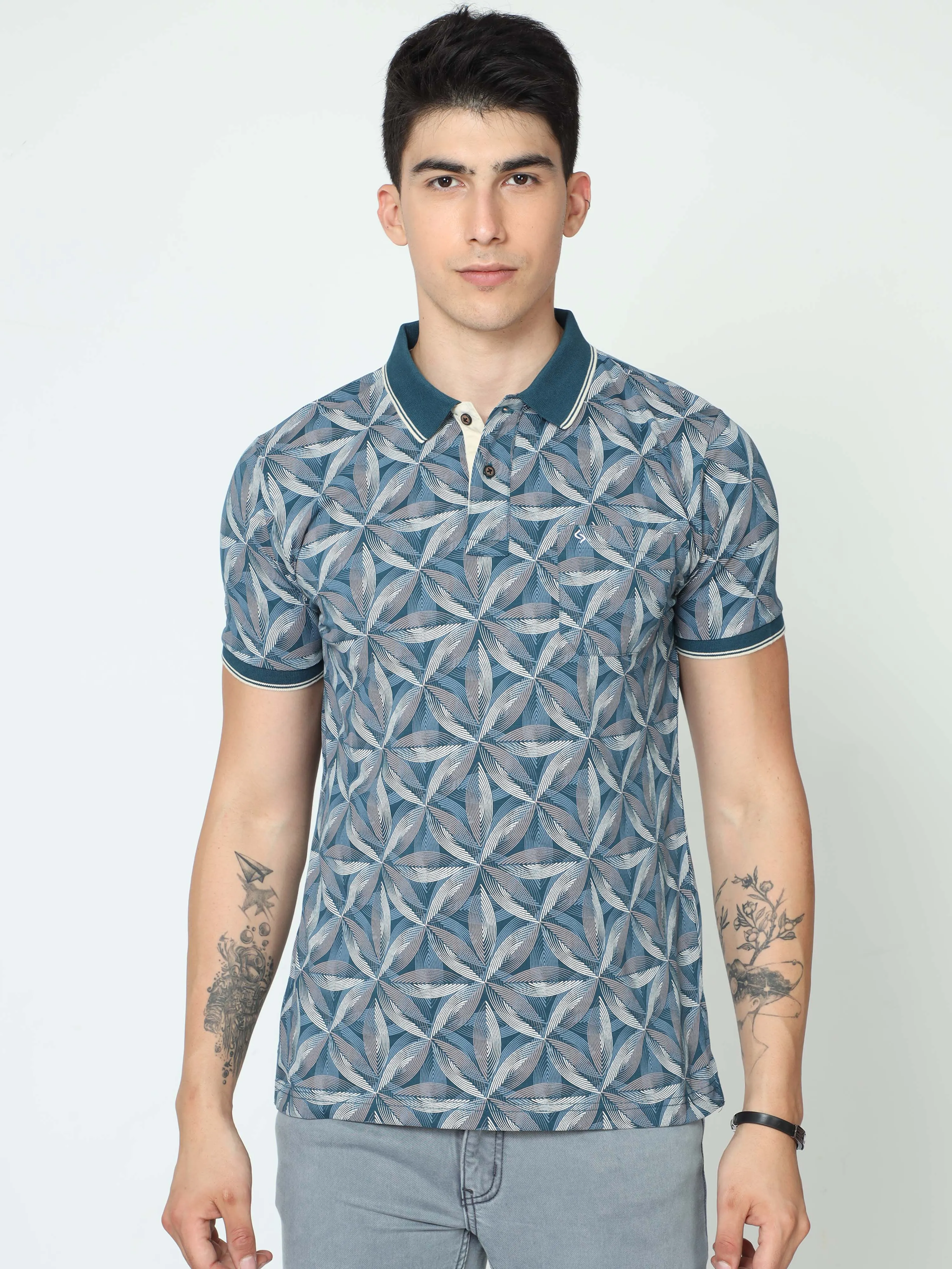 Classic Polo Mens Cotton Half Sleeve Printed Slim Fit Polo Neck Blue Color T-Shirt | BELLO - 233 A SF P