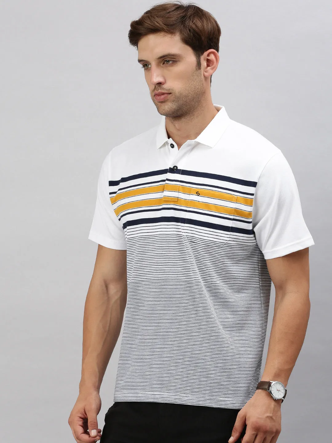 Classic Polo Men's Half Sleeve White/Navy Polo Neck Cotton Authentic Fit T Shirt | AVON - 578 A AF P