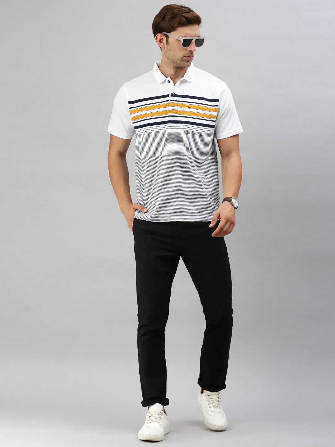 Classic Polo Men's Half Sleeve White/Navy Polo Neck Cotton Authentic Fit T Shirt | AVON - 578 A AF P