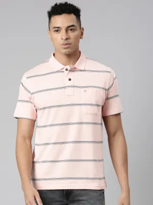Classic Polo Men's Polo Neck Cotton Lt.Peach Authentic Fit Striped T-Shirt | AVON-557 A AF P