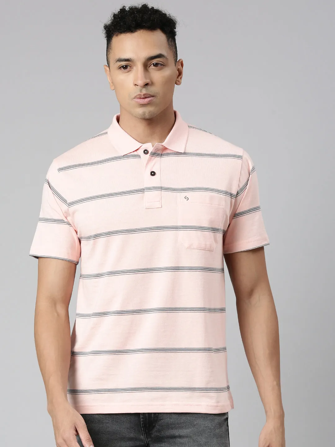 Classic Polo Men's Polo Neck Cotton Lt.Peach Authentic Fit Striped T-Shirt | AVON-557 A AF P
