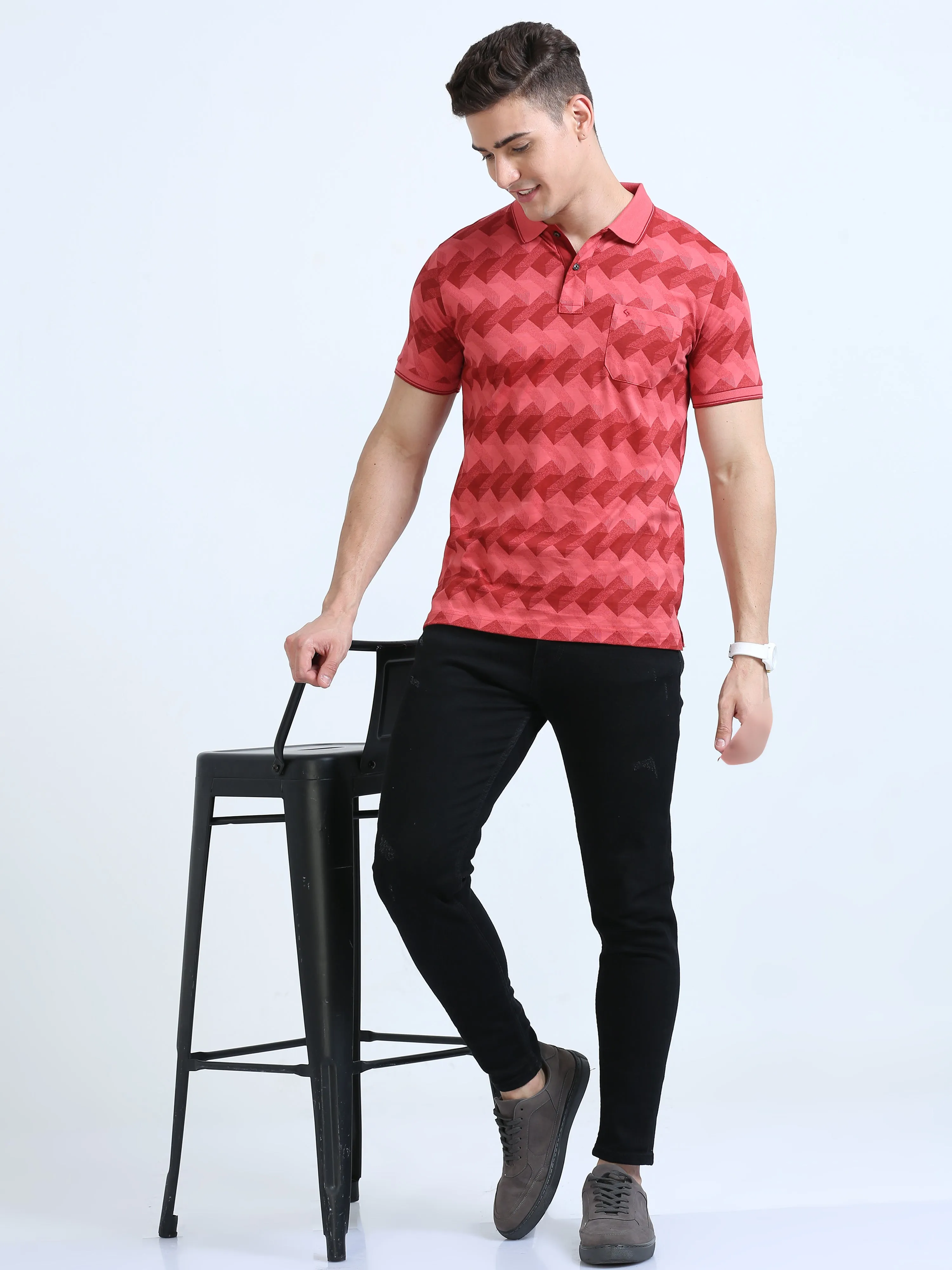 Classic Polo Men's Polo Neck Cotton Peach Slim Fit Printed T-Shirt | BELLO-234 B SF P