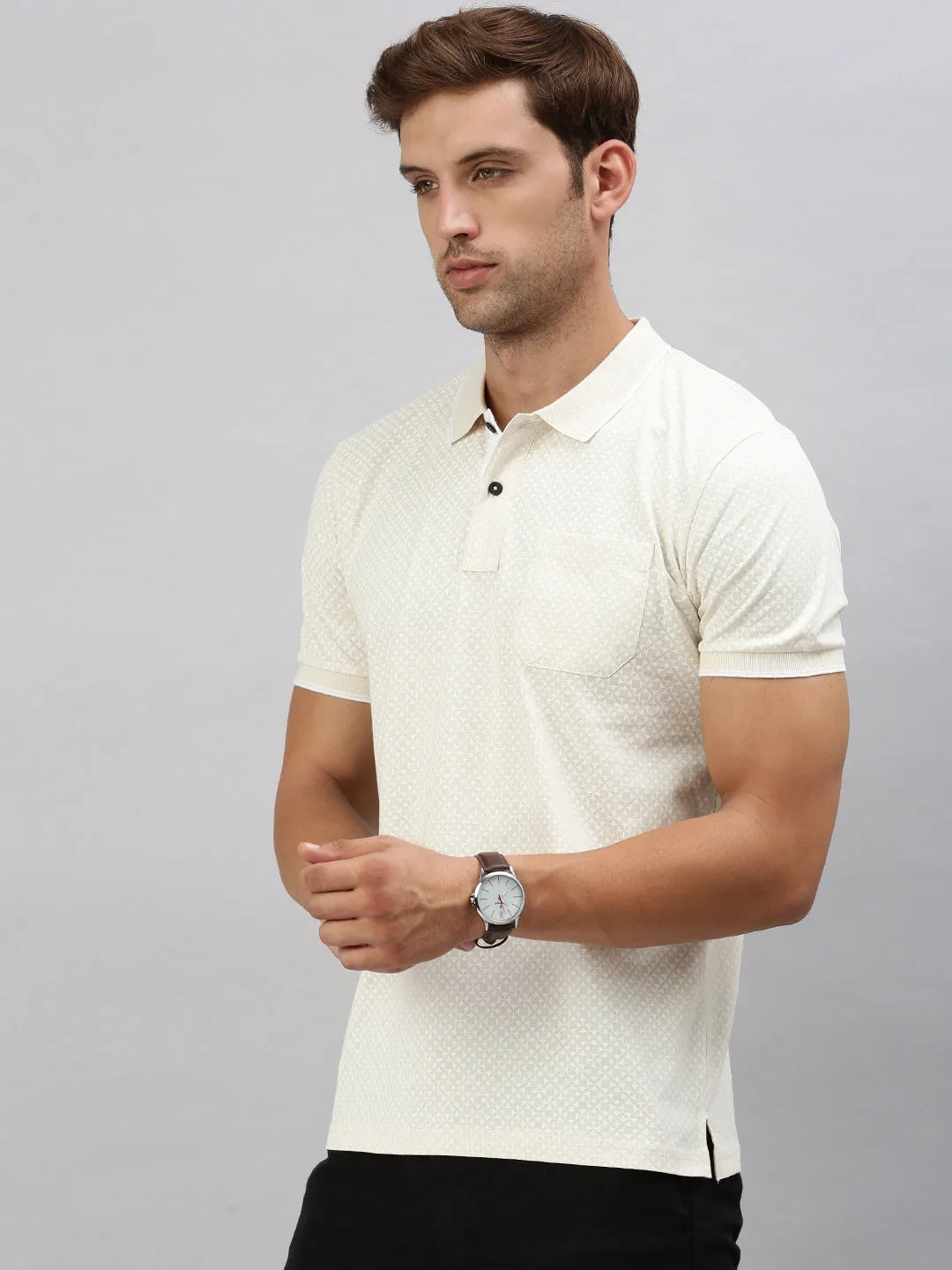 Classic Polo Men's Printed Beige Cotton Slim Fit Half Sleeve T-Shirt | BELLO - 289 A SF P