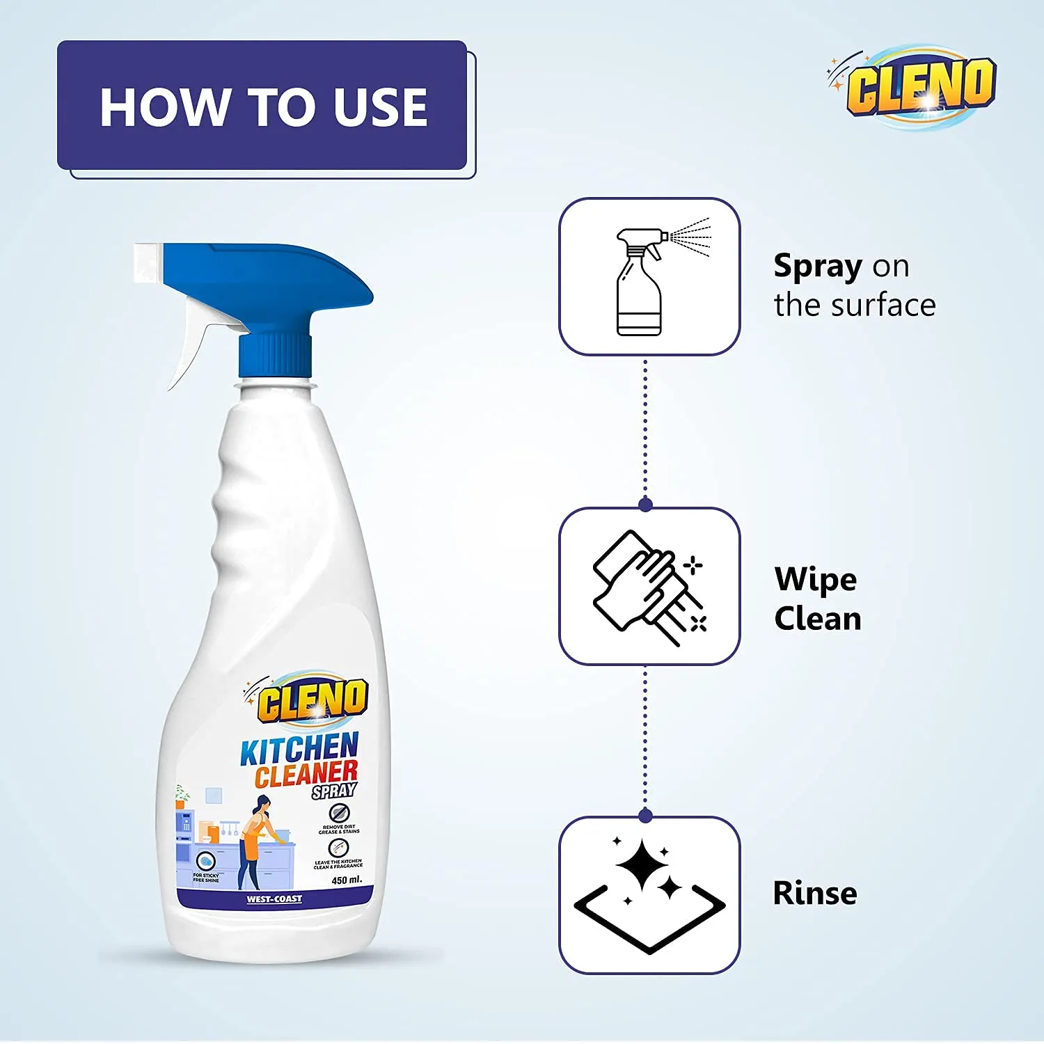 Cleno Kitchen Cleaner Spray Cleans Sticky Dirt from Gas Stove/Kitchen Sink/Slab/Exhaust Fans & Cabinets/Tiles/Platforms/Granite Tops/Stovetops, 450 ml