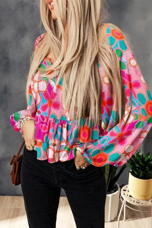 Colorful Floral Smocked Balloon Sleeve Blouse