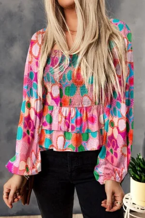 Colorful Floral Smocked Balloon Sleeve Blouse
