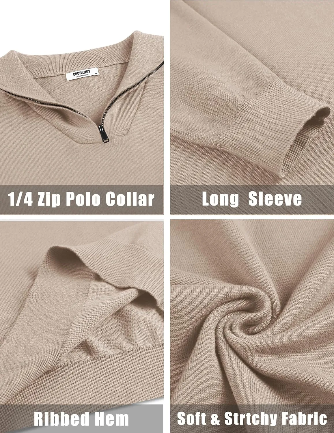 COOFANDY Mens Quarter Zip Pullover Quilted Pullover Casual Knit Long Sleeve Mock Neck Sweater Polo