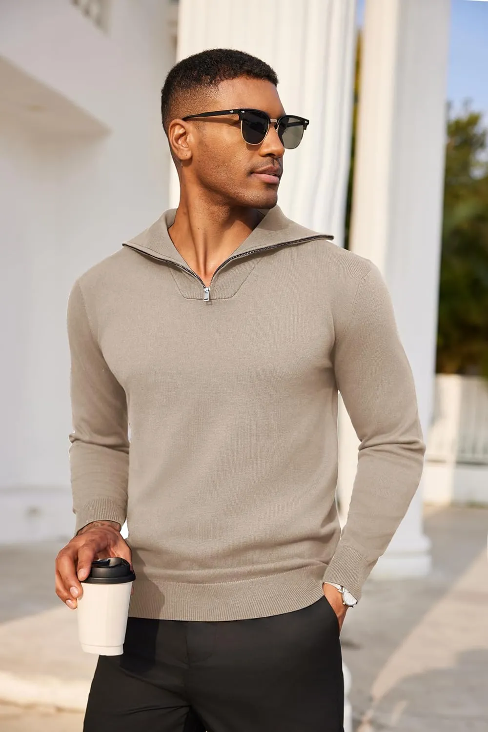 COOFANDY Mens Quarter Zip Pullover Quilted Pullover Casual Knit Long Sleeve Mock Neck Sweater Polo