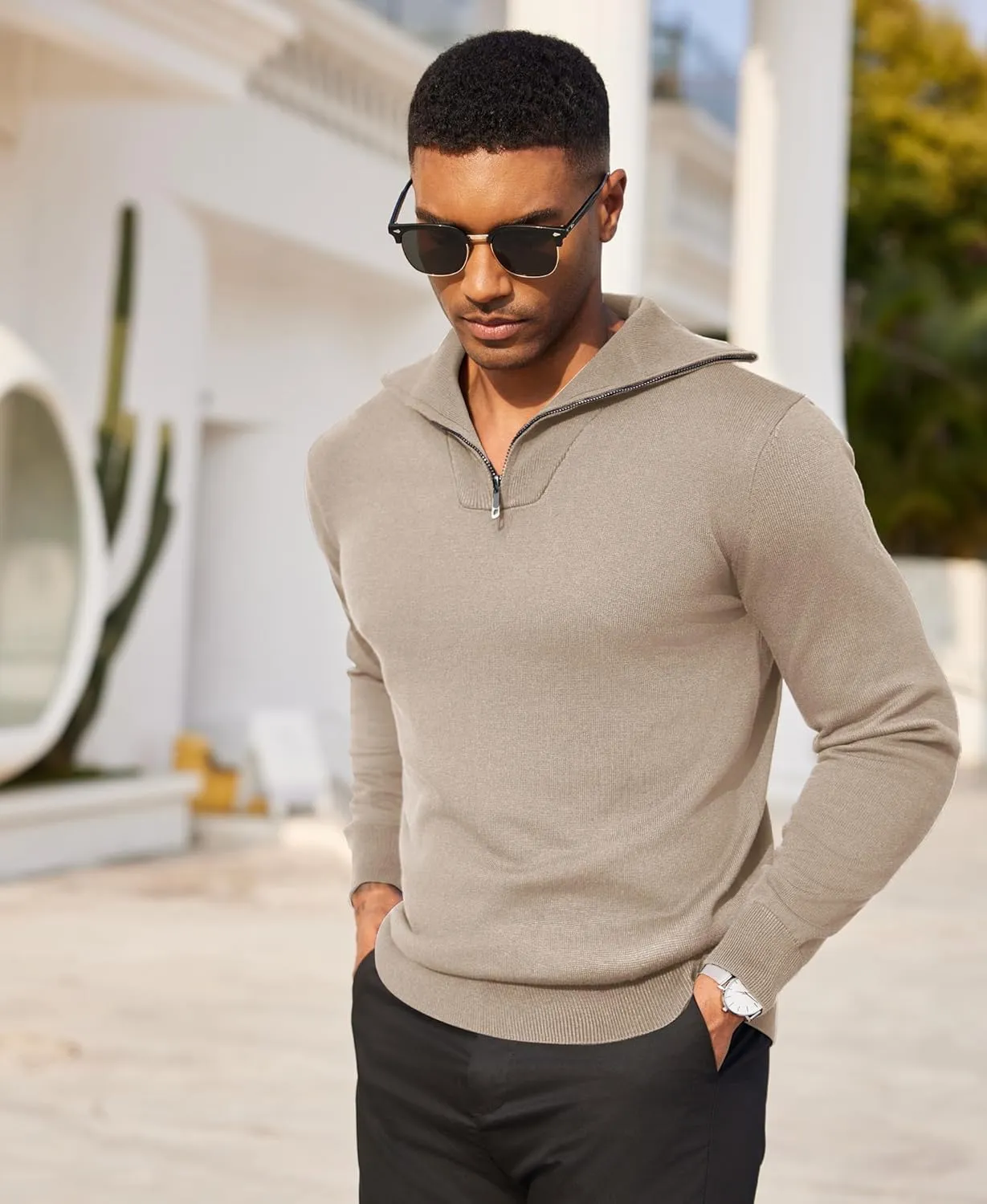 COOFANDY Mens Quarter Zip Pullover Quilted Pullover Casual Knit Long Sleeve Mock Neck Sweater Polo