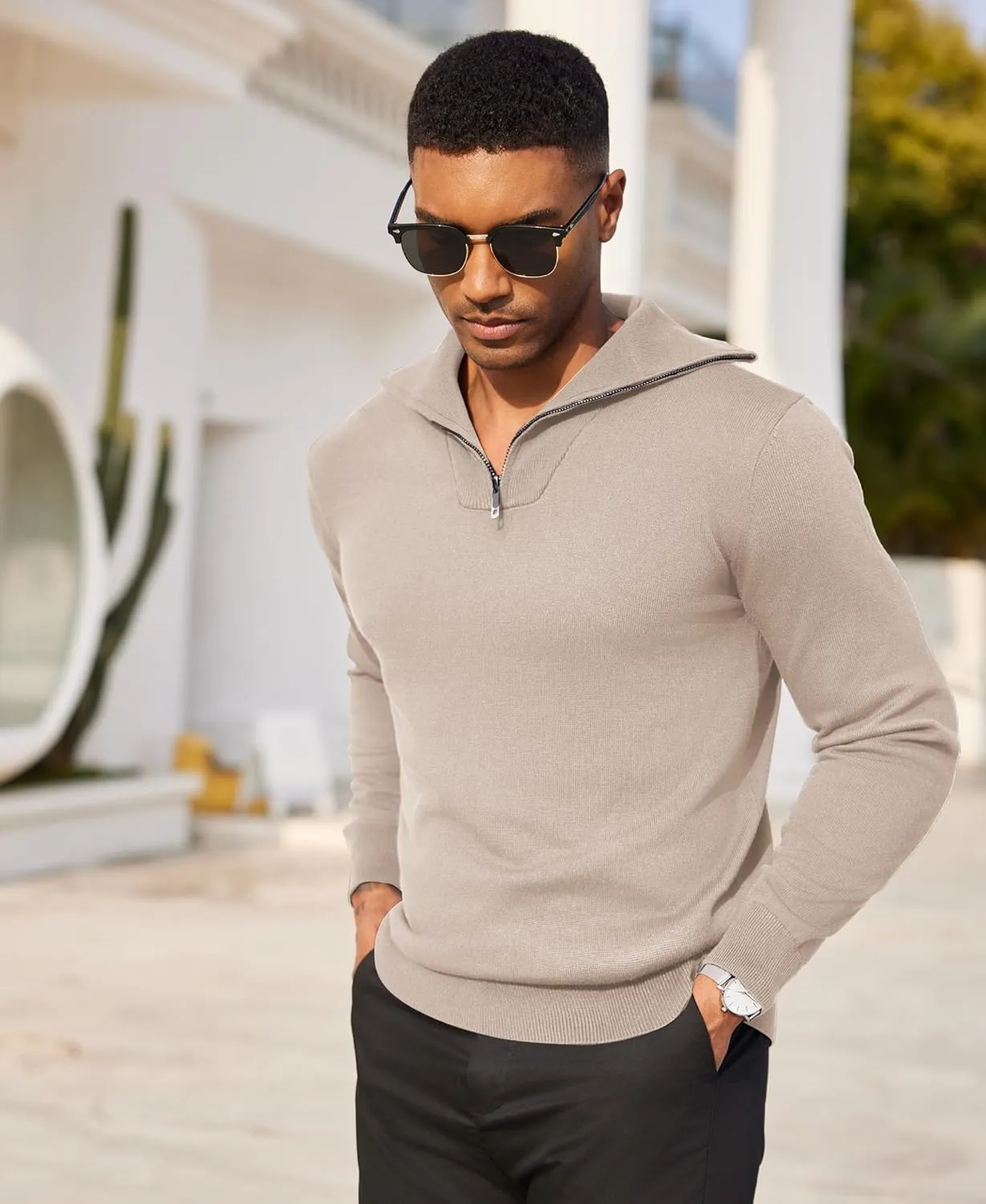 COOFANDY Mens Quarter Zip Pullover Quilted Pullover Casual Knit Long Sleeve Mock Neck Sweater Polo