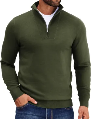 COOFANDY Mens Quarter Zip Pullover Quilted Pullover Casual Knit Long Sleeve Mock Neck Sweater Polo
