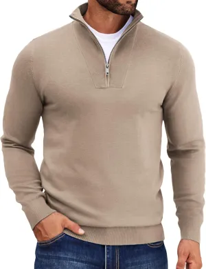 COOFANDY Mens Quarter Zip Pullover Quilted Pullover Casual Knit Long Sleeve Mock Neck Sweater Polo