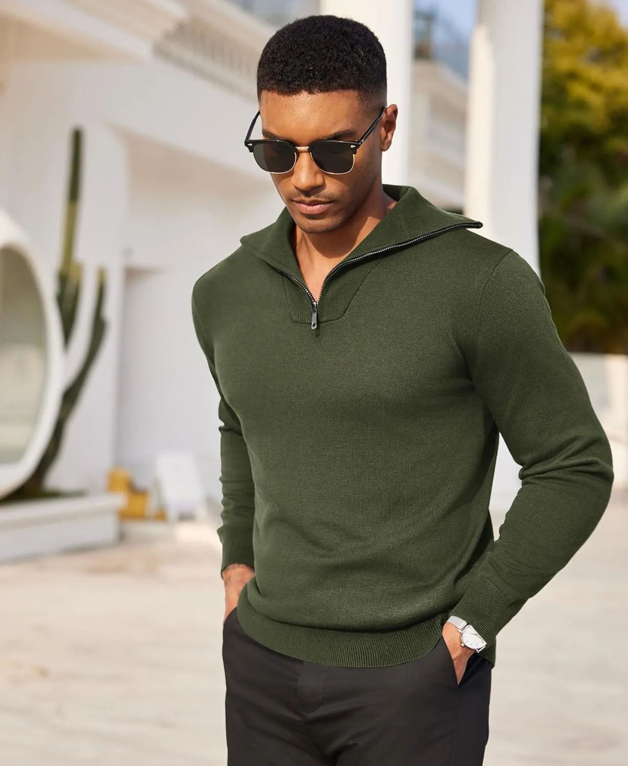 COOFANDY Mens Quarter Zip Pullover Quilted Pullover Casual Knit Long Sleeve Mock Neck Sweater Polo