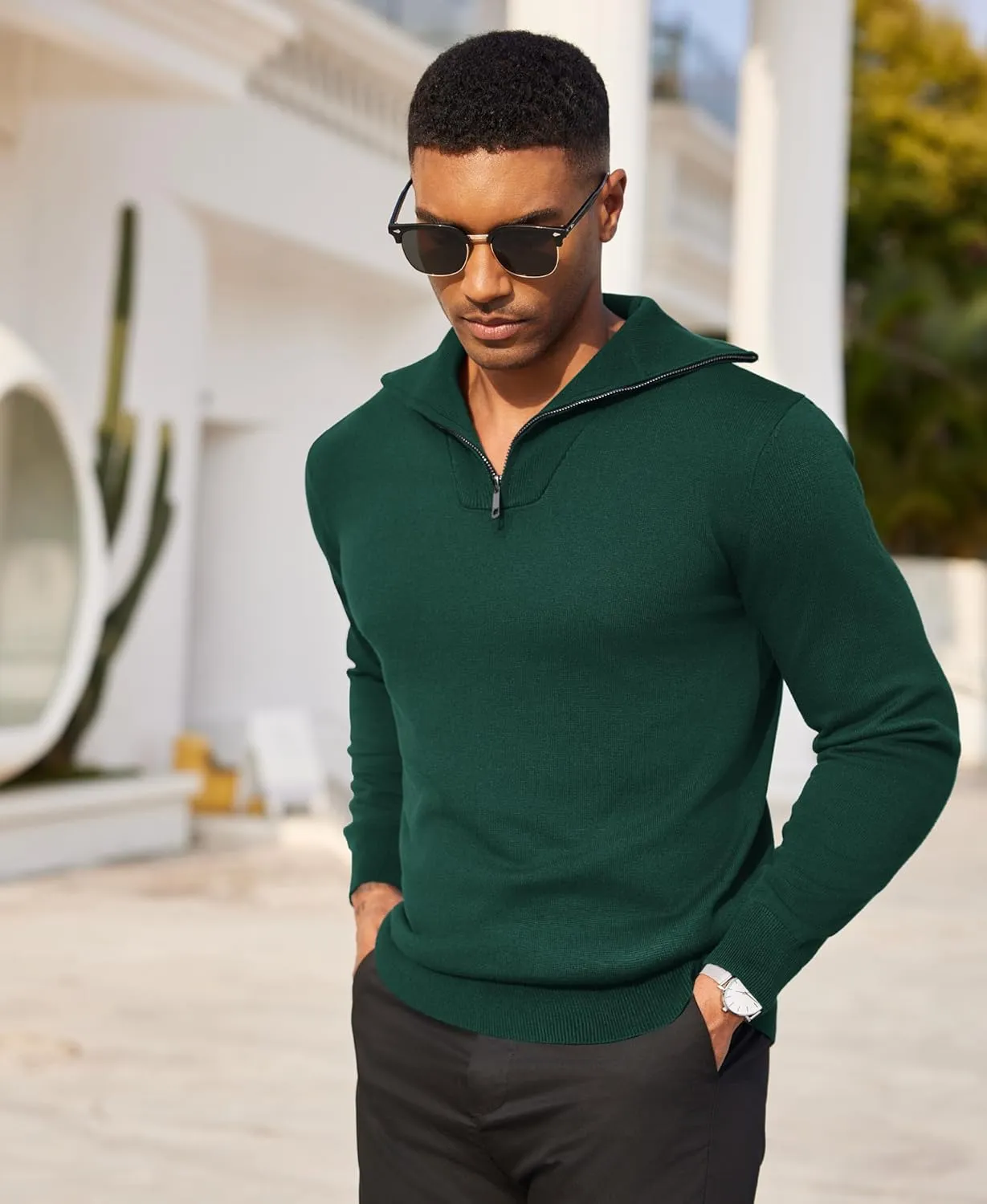 COOFANDY Mens Quarter Zip Pullover Quilted Pullover Casual Knit Long Sleeve Mock Neck Sweater Polo
