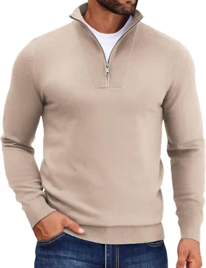 COOFANDY Mens Quarter Zip Pullover Quilted Pullover Casual Knit Long Sleeve Mock Neck Sweater Polo