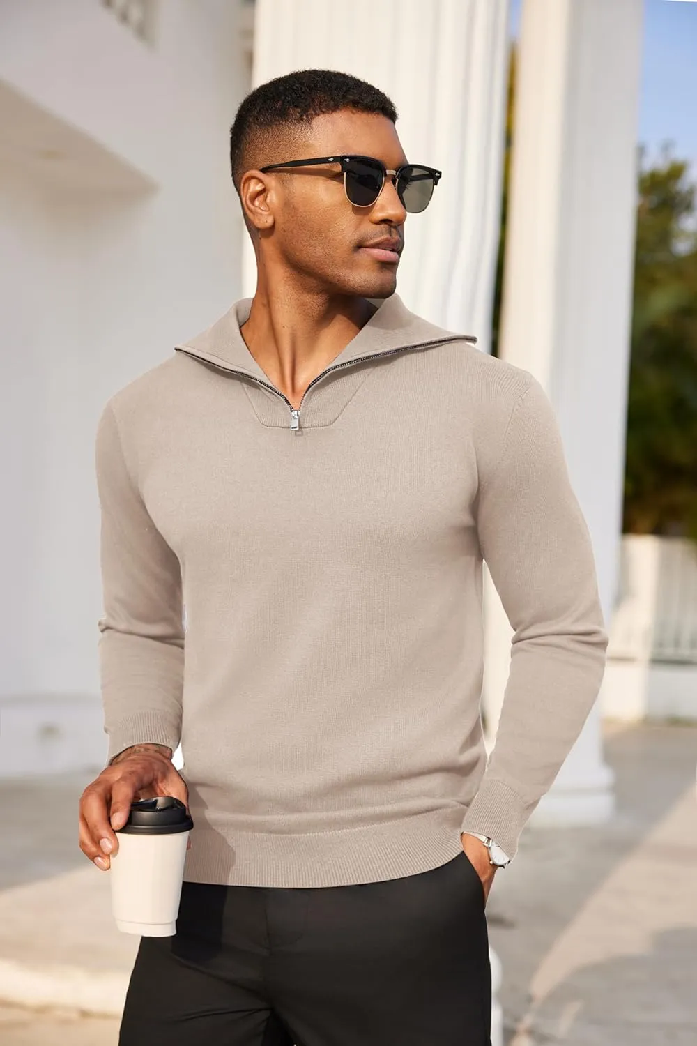 COOFANDY Mens Quarter Zip Pullover Quilted Pullover Casual Knit Long Sleeve Mock Neck Sweater Polo