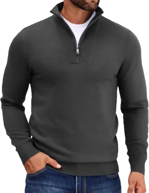 COOFANDY Mens Quarter Zip Pullover Quilted Pullover Casual Knit Long Sleeve Mock Neck Sweater Polo