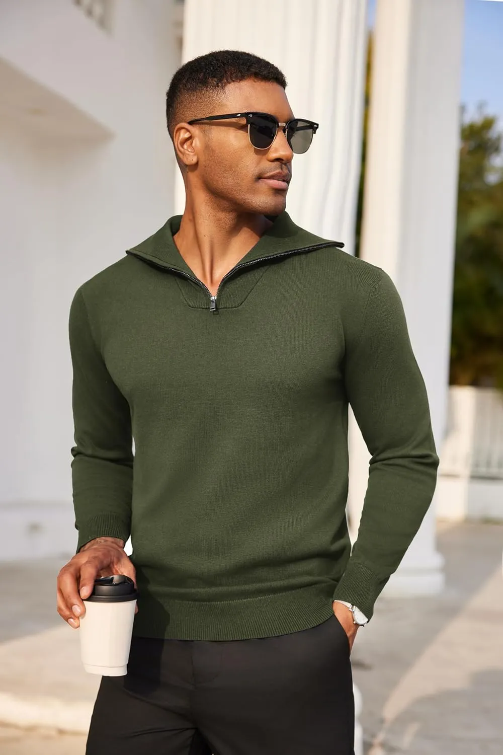 COOFANDY Mens Quarter Zip Pullover Quilted Pullover Casual Knit Long Sleeve Mock Neck Sweater Polo
