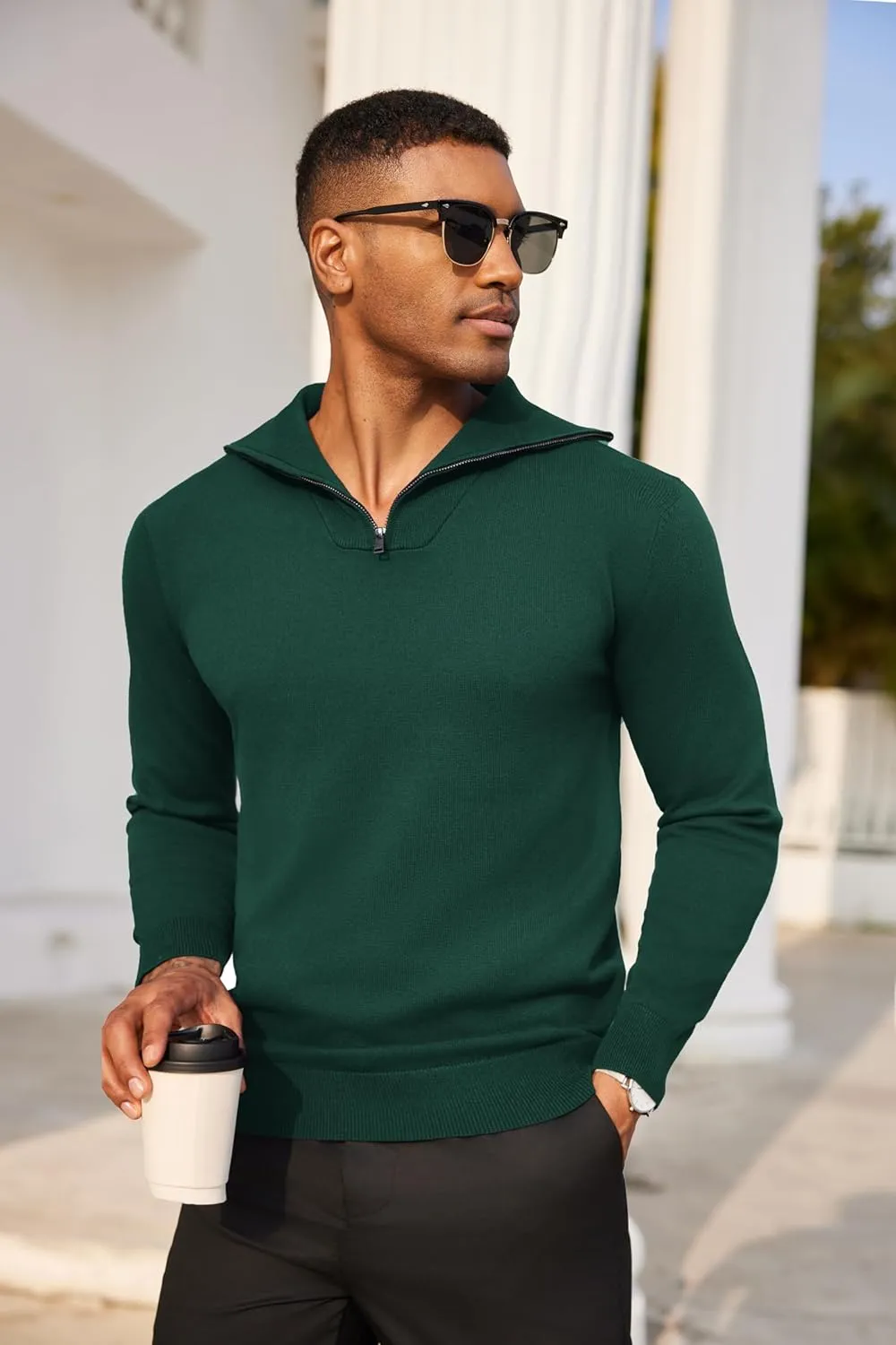 COOFANDY Mens Quarter Zip Pullover Quilted Pullover Casual Knit Long Sleeve Mock Neck Sweater Polo
