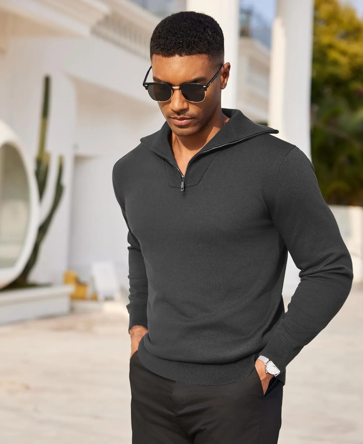 COOFANDY Mens Quarter Zip Pullover Quilted Pullover Casual Knit Long Sleeve Mock Neck Sweater Polo