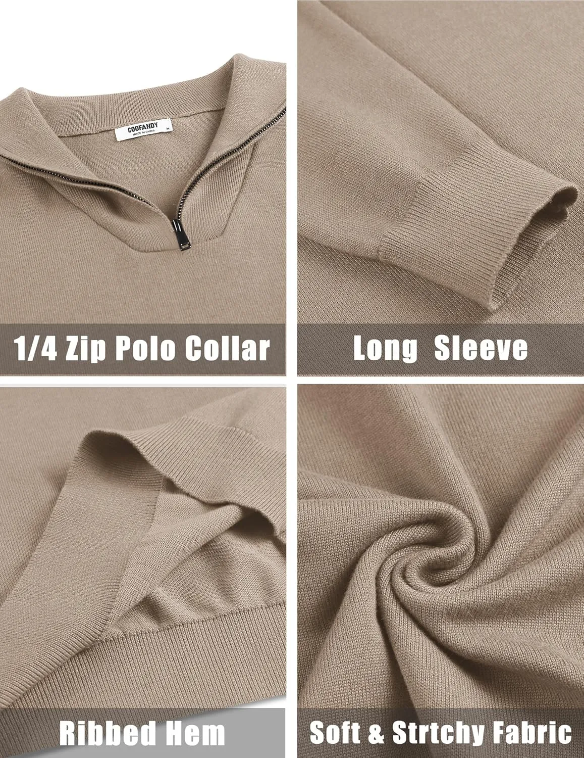 COOFANDY Mens Quarter Zip Pullover Quilted Pullover Casual Knit Long Sleeve Mock Neck Sweater Polo