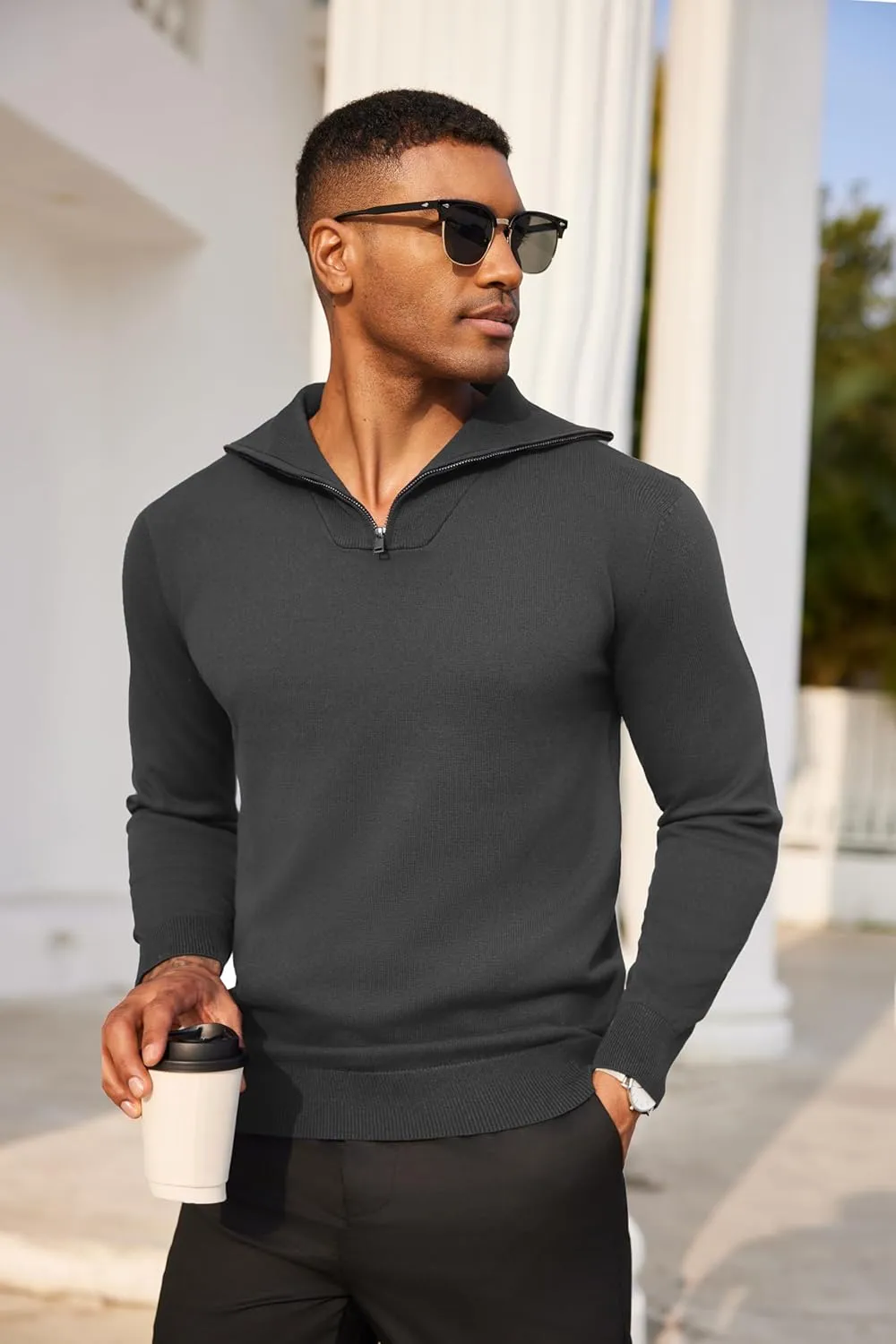 COOFANDY Mens Quarter Zip Pullover Quilted Pullover Casual Knit Long Sleeve Mock Neck Sweater Polo