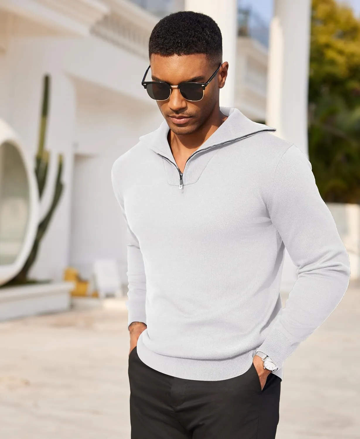COOFANDY Mens Quarter Zip Pullover Quilted Pullover Casual Knit Long Sleeve Mock Neck Sweater Polo