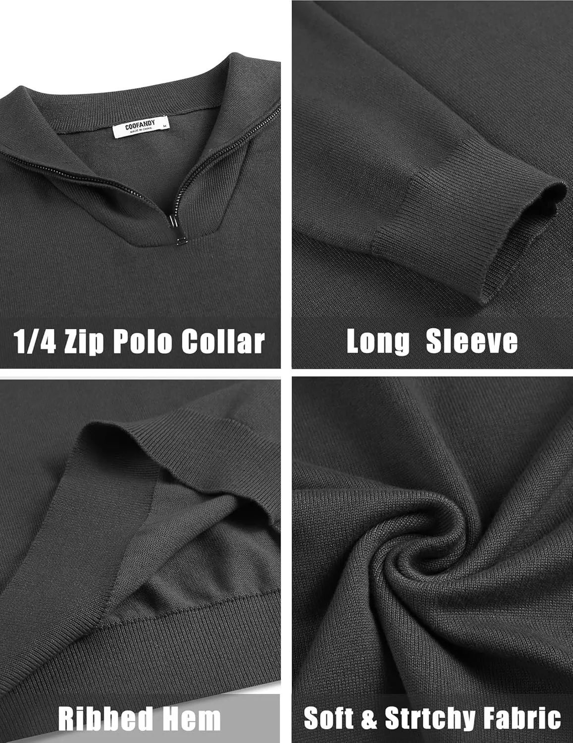 COOFANDY Mens Quarter Zip Pullover Quilted Pullover Casual Knit Long Sleeve Mock Neck Sweater Polo