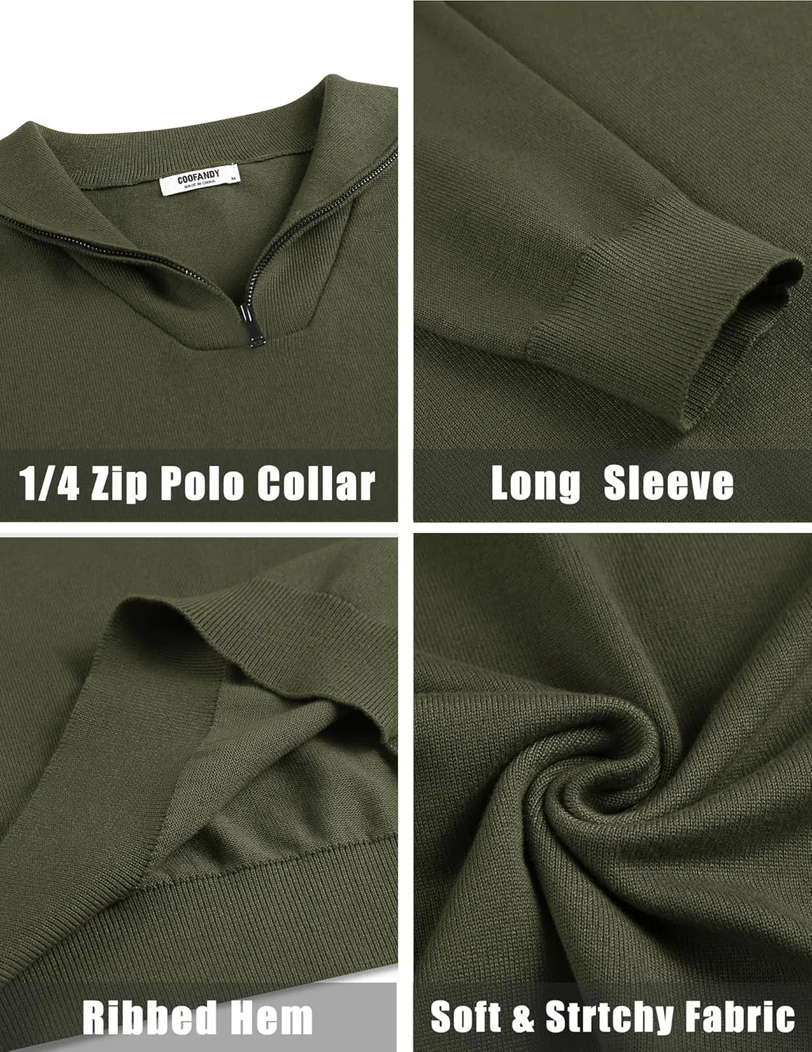 COOFANDY Mens Quarter Zip Pullover Quilted Pullover Casual Knit Long Sleeve Mock Neck Sweater Polo