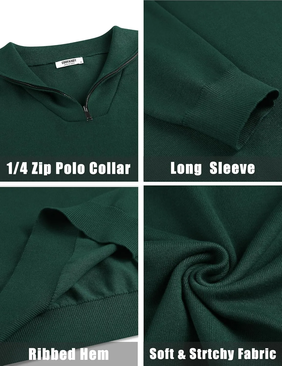 COOFANDY Mens Quarter Zip Pullover Quilted Pullover Casual Knit Long Sleeve Mock Neck Sweater Polo