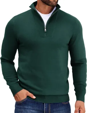 COOFANDY Mens Quarter Zip Pullover Quilted Pullover Casual Knit Long Sleeve Mock Neck Sweater Polo