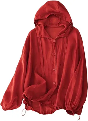 Cotton Linen Hoodie Tops Womens 2025 Summer Hooded Long Sleeve Shirts Ladies Dressy Casual Button Down Blouses Tees