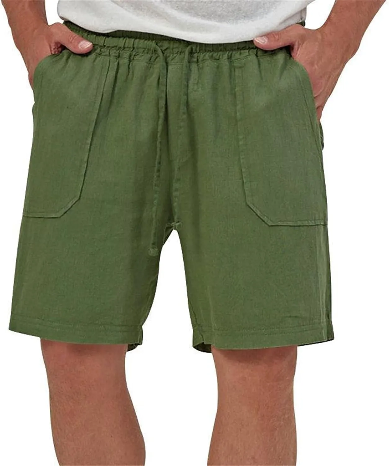 Cotton Linen Shorts for Men Elastic Waist Drawstring Summer Beach Shorts with Pockets Athletic Fit Lightweight Workout Shorts