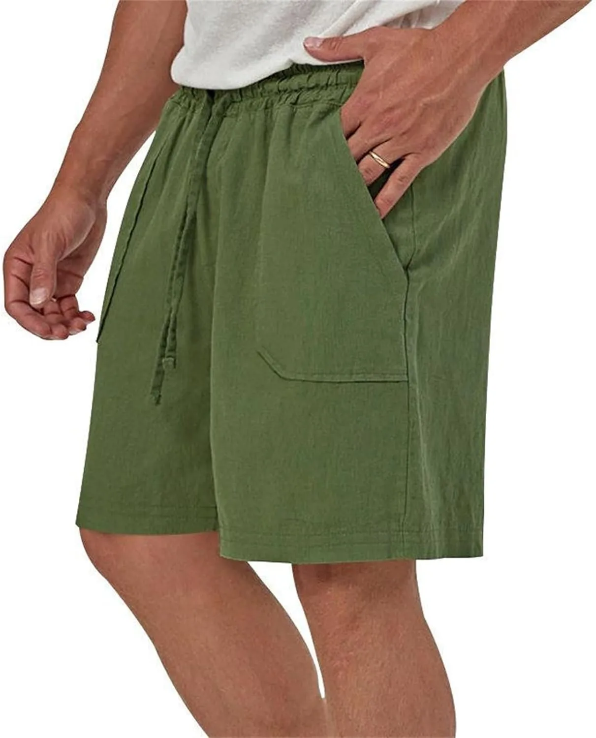 Cotton Linen Shorts for Men Elastic Waist Drawstring Summer Beach Shorts with Pockets Athletic Fit Lightweight Workout Shorts