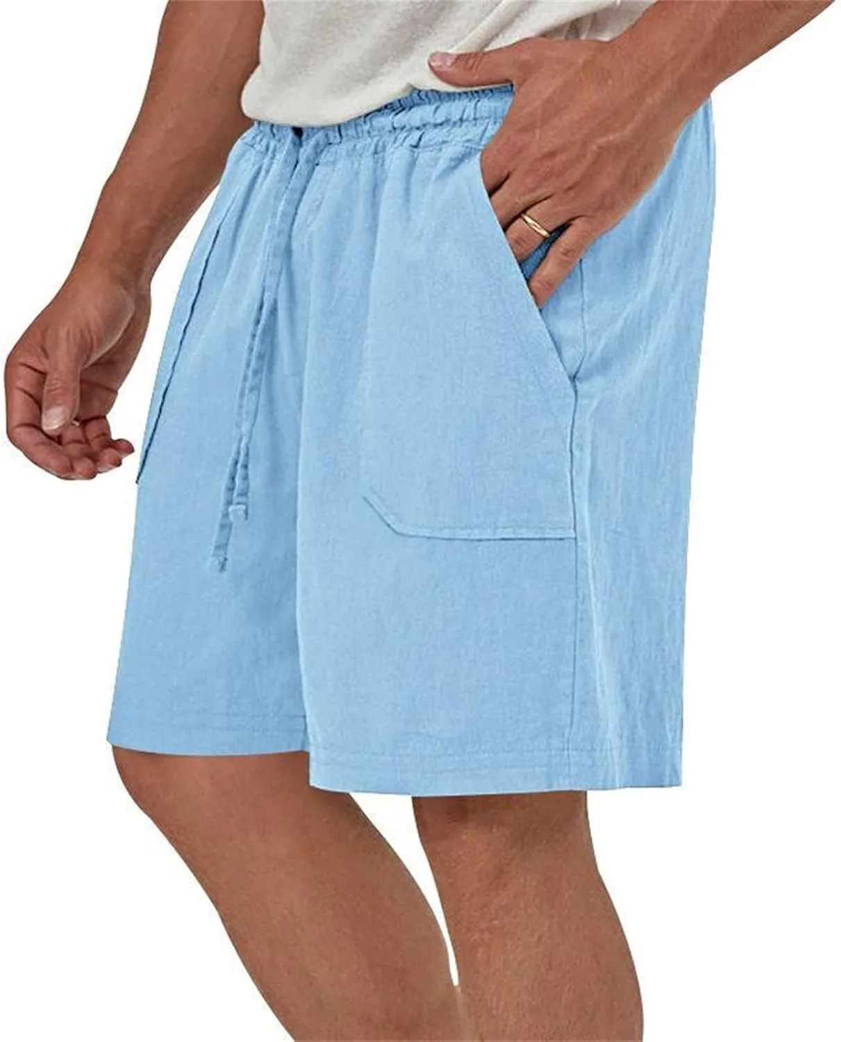 Cotton Linen Shorts for Men Elastic Waist Drawstring Summer Beach Shorts with Pockets Athletic Fit Lightweight Workout Shorts