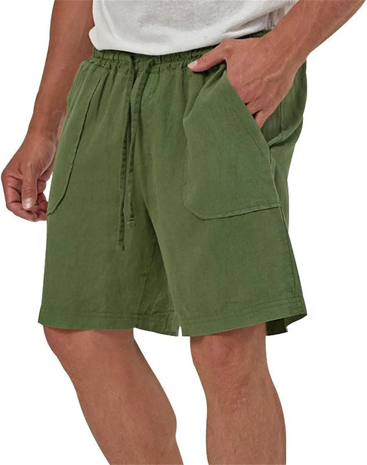 Cotton Linen Shorts for Men Elastic Waist Drawstring Summer Beach Shorts with Pockets Athletic Fit Lightweight Workout Shorts